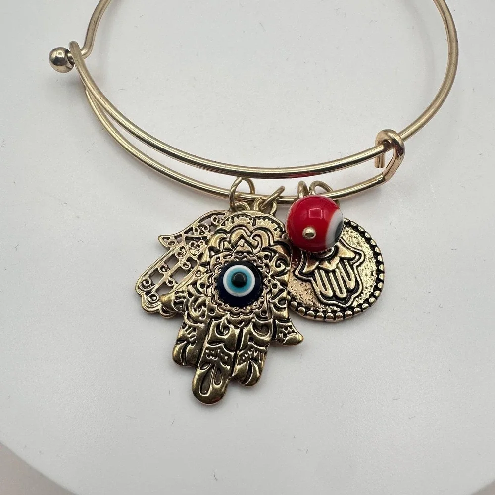 Vintage 90s Gold Tone Hamsa‎ Hand Evil Eye Charm Bangle Bracelet Glass Bead Boho